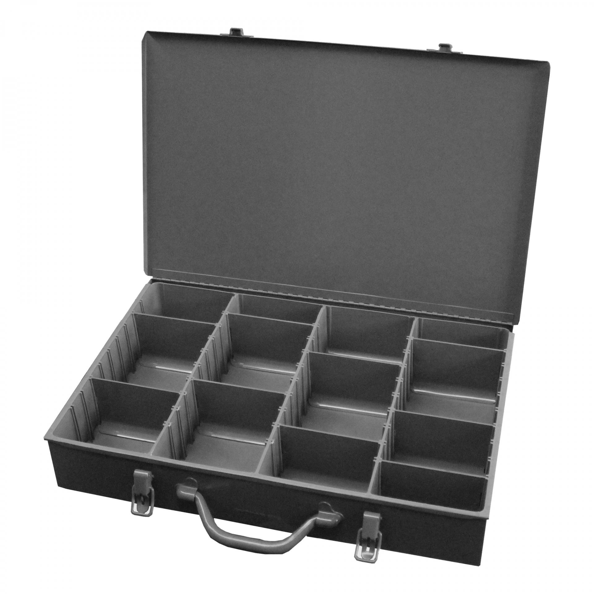 Large Steel Compartment Box, Comfort Grip Handle, Adjustable Compartments, Vertical, Gray